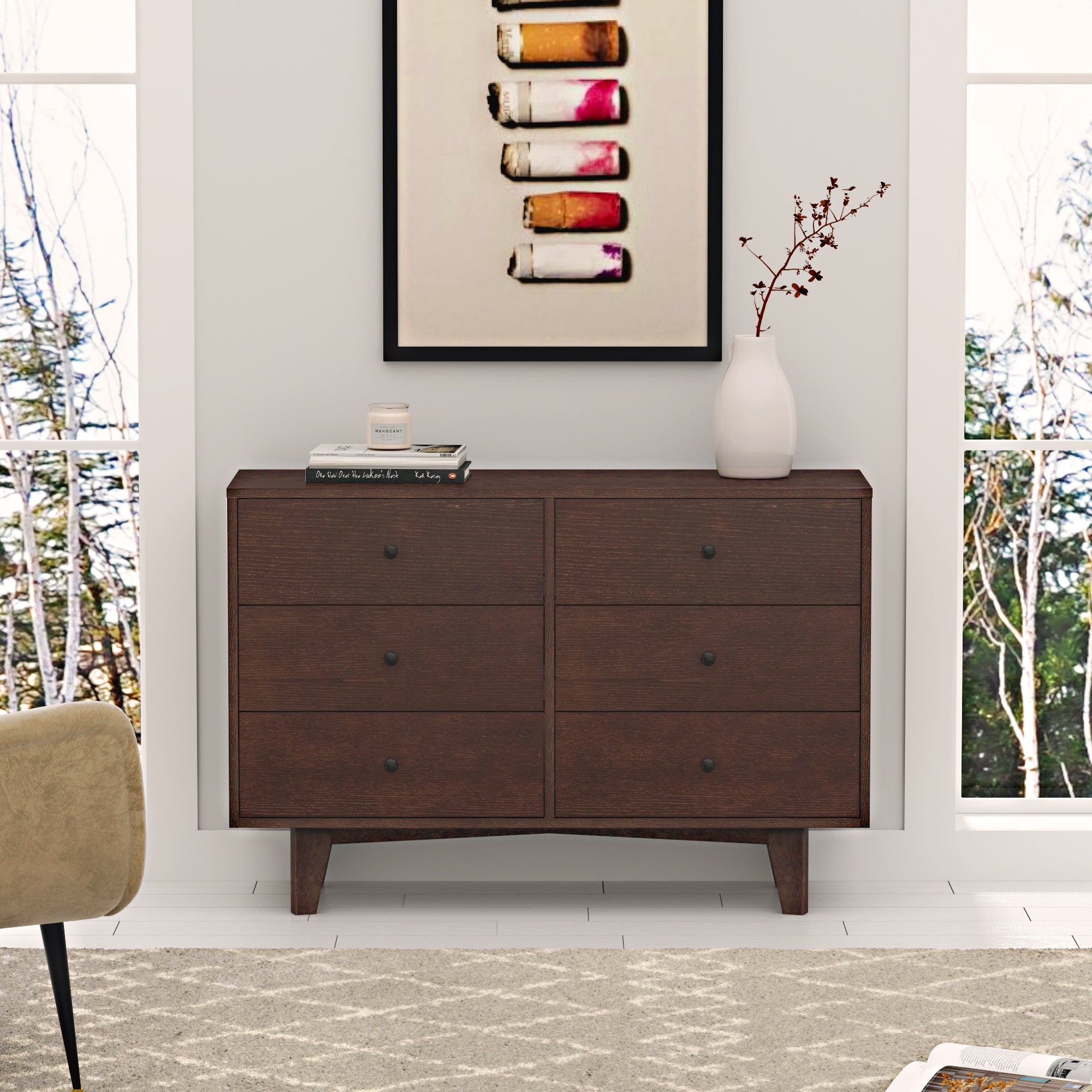 6 Drawers Wood Accent Stylish Dresser Chest and Storage Organizer- Auburn