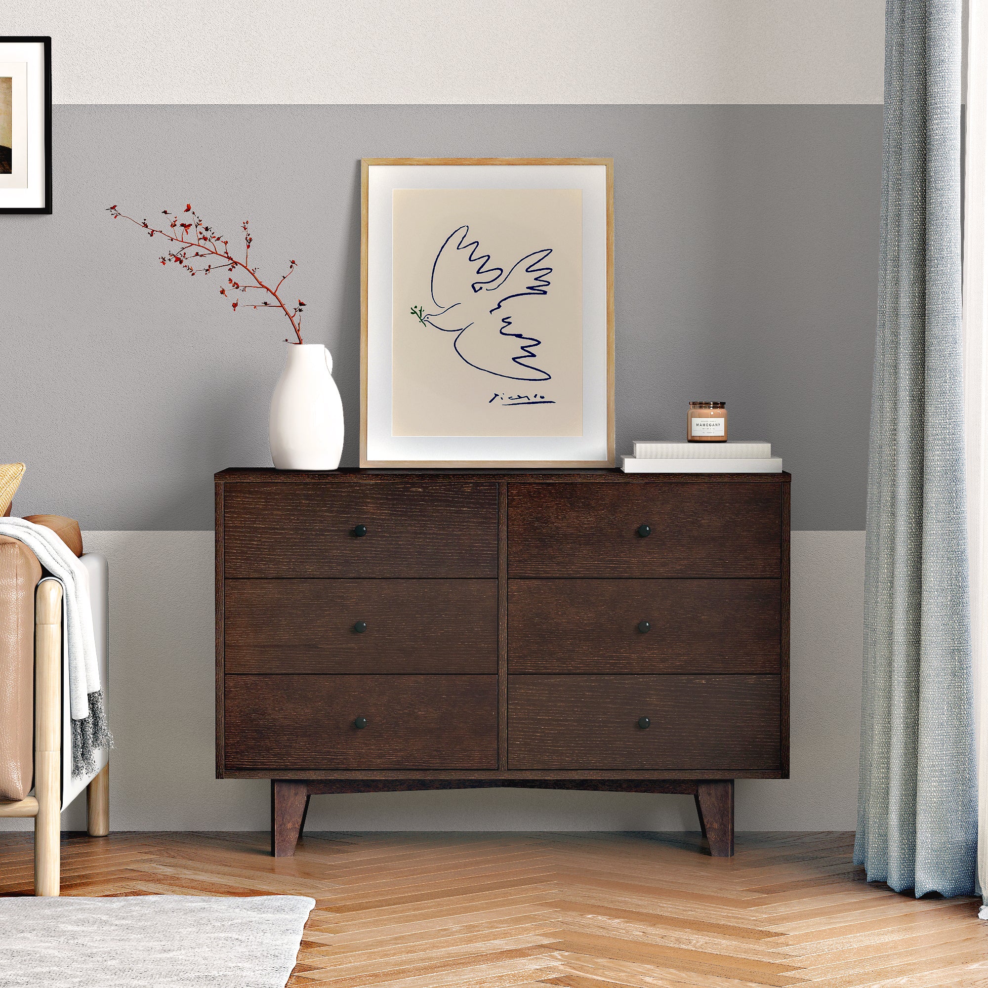 6 Drawers Wood Accent Stylish Dresser Chest and Storage Organizer- Auburn