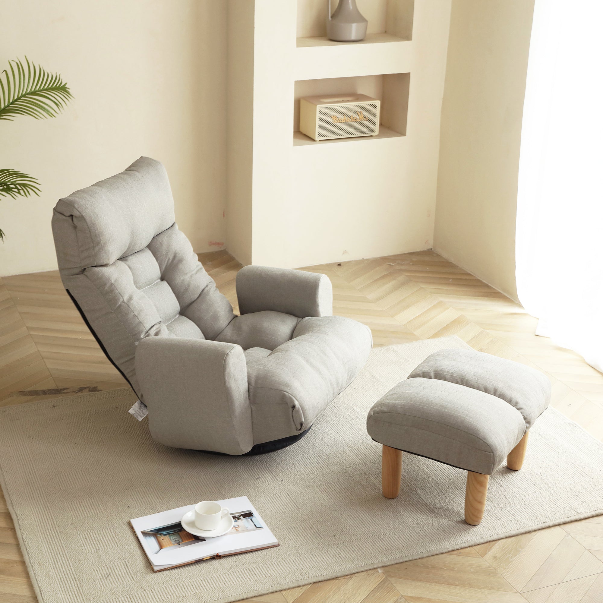 Swivel Indoor Recliner Floor Chair with Adjustable Headrest, Footstool, and Side Pockets- Gray