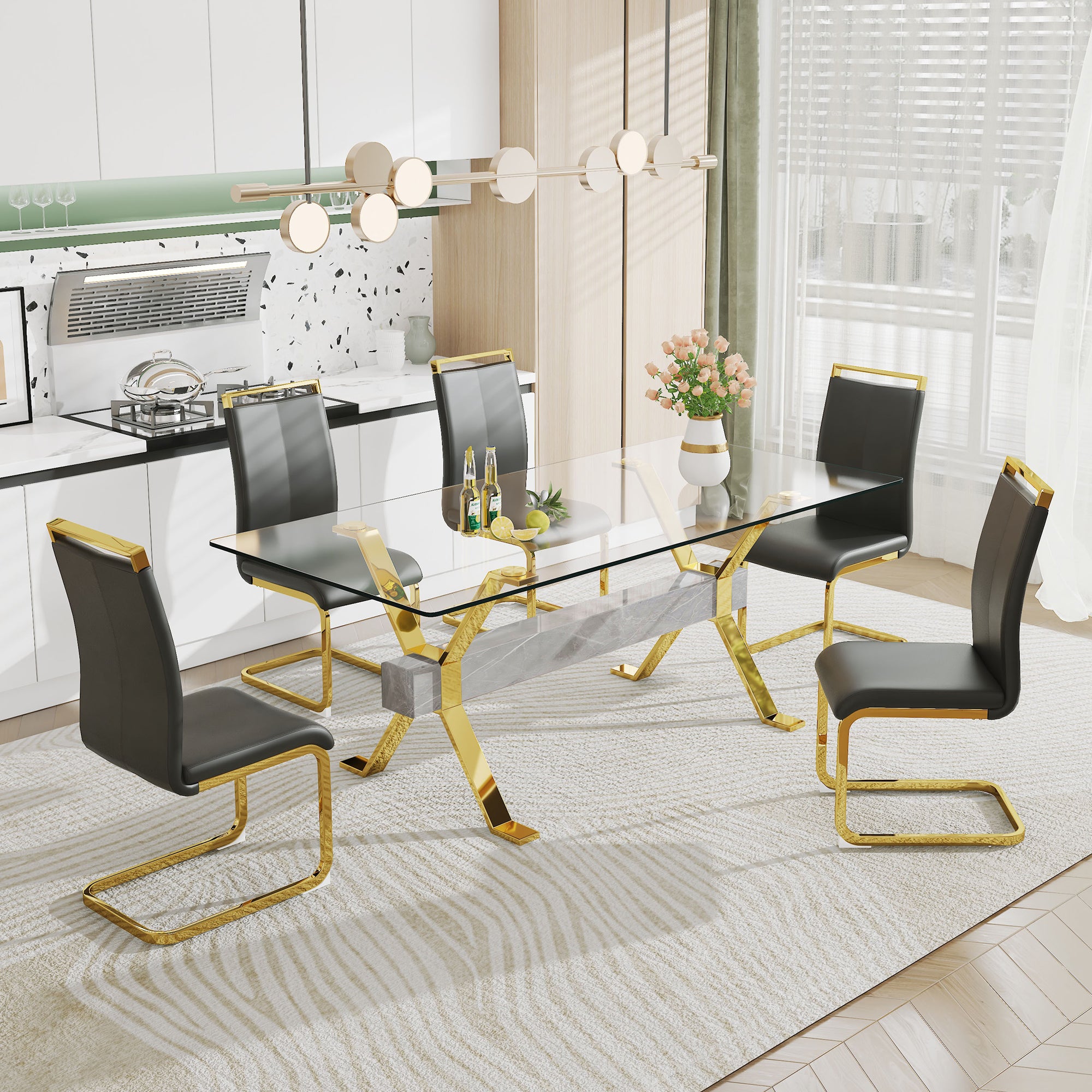 Modern Luxury Tempered Gold Chrome Plated Glass Table with Gray Support Crossbar