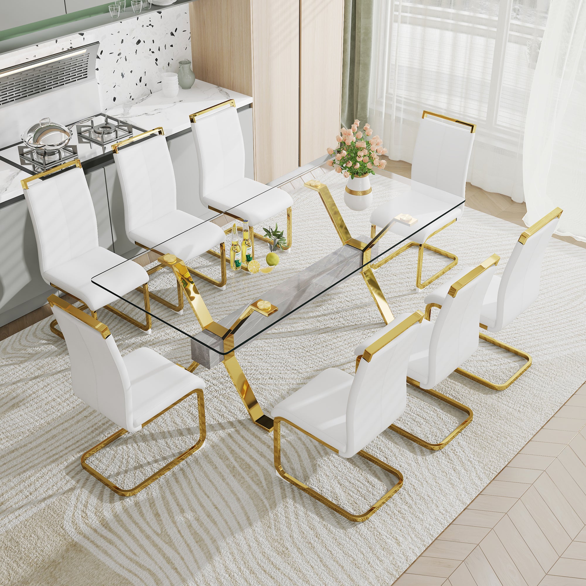 Modern Luxury Tempered Gold Chrome Plated Glass Table with Gray Support Crossbar