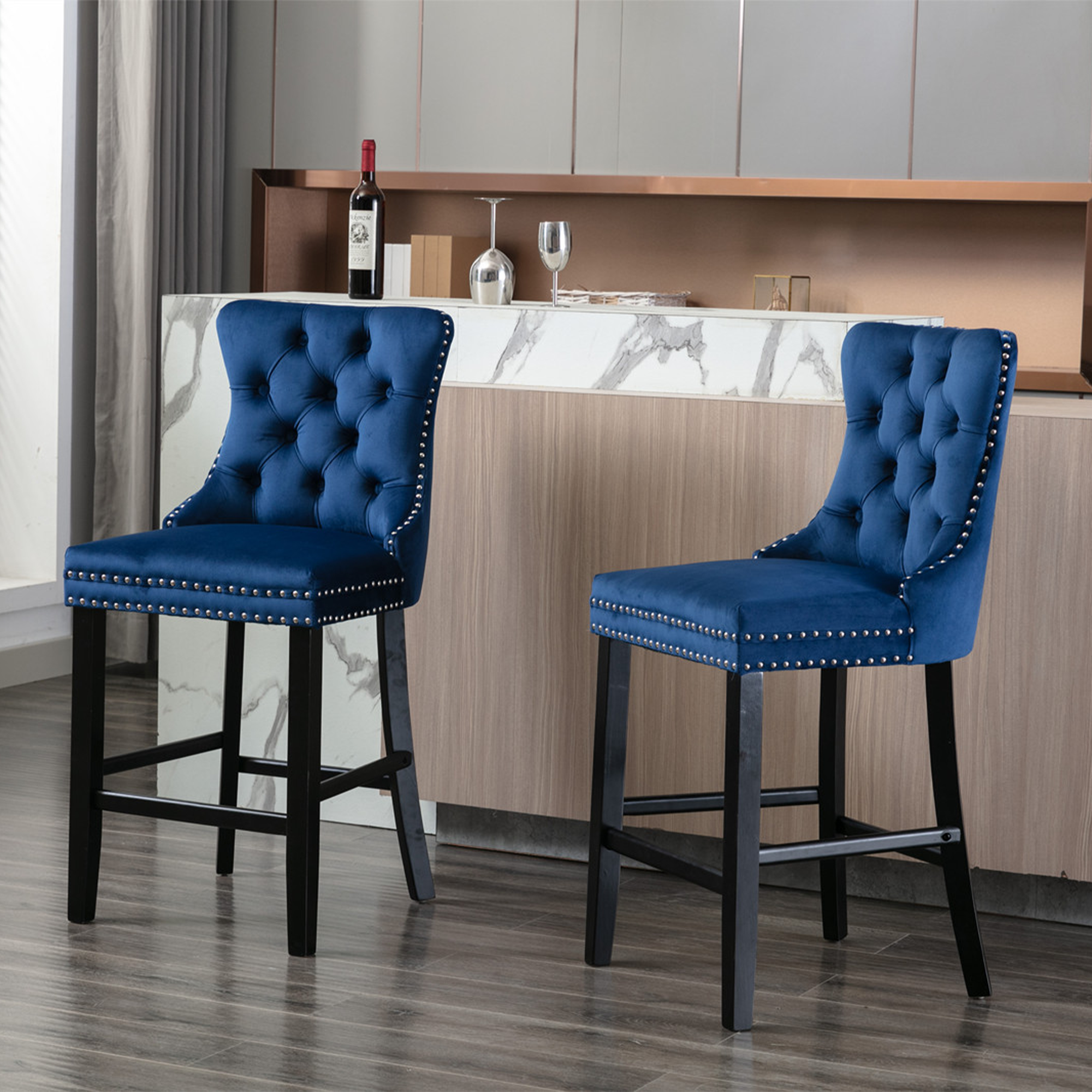 2 pcs High-End Chrome Detailed Tufted Contemporary Velvet Bar Stool with Wooden Legs- Blue, Black