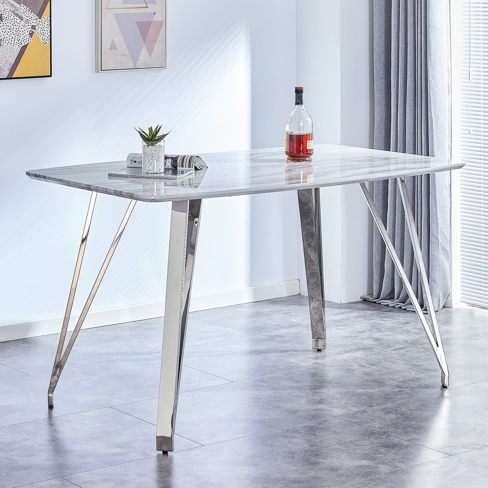 Modern Counter Height Rectangular Glass Dining Table with Silver Plated Legs