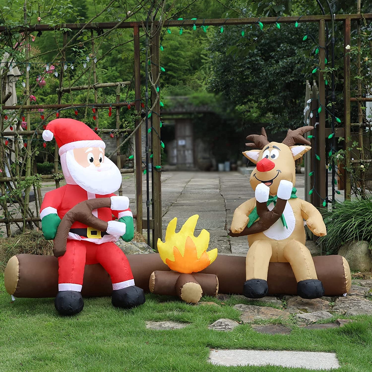 Christmas Inflatable Decorations, Light up Xmas Blowups for Winter Yard Lawn Garden Indoor Outdoor Decor (Santa and Reindeer Roasting Marshmallows over Campfire)