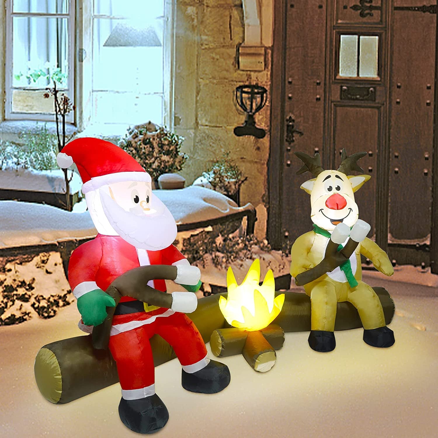 Christmas Inflatable Decorations, Light up Xmas Blowups for Winter Yard Lawn Garden Indoor Outdoor Decor (Santa and Reindeer Roasting Marshmallows over Campfire)