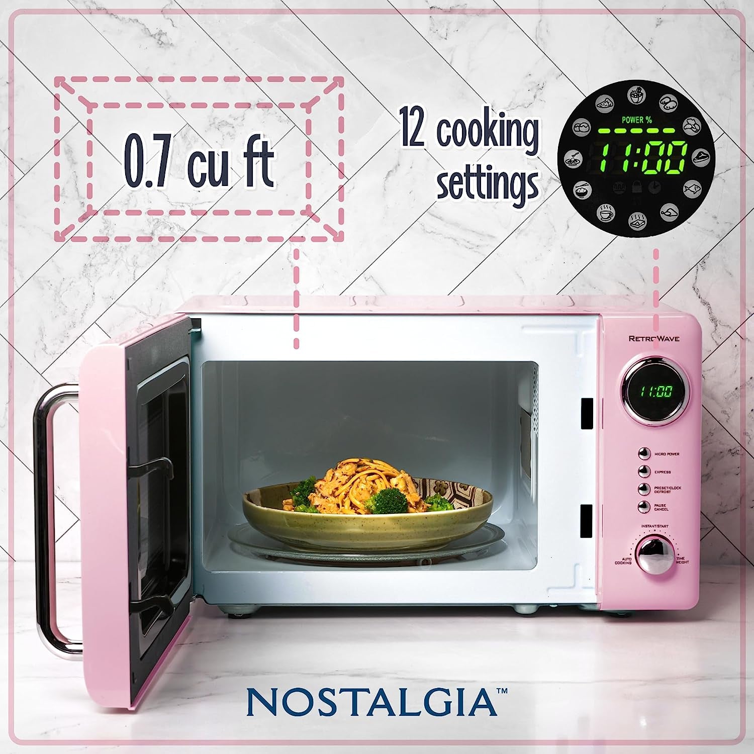 Retro Compact Countertop Microwave Oven - 0.7 Cu. Ft. - 700-Watts with LED Digital Display - Child Lock - Easy Clean Interior - Pink