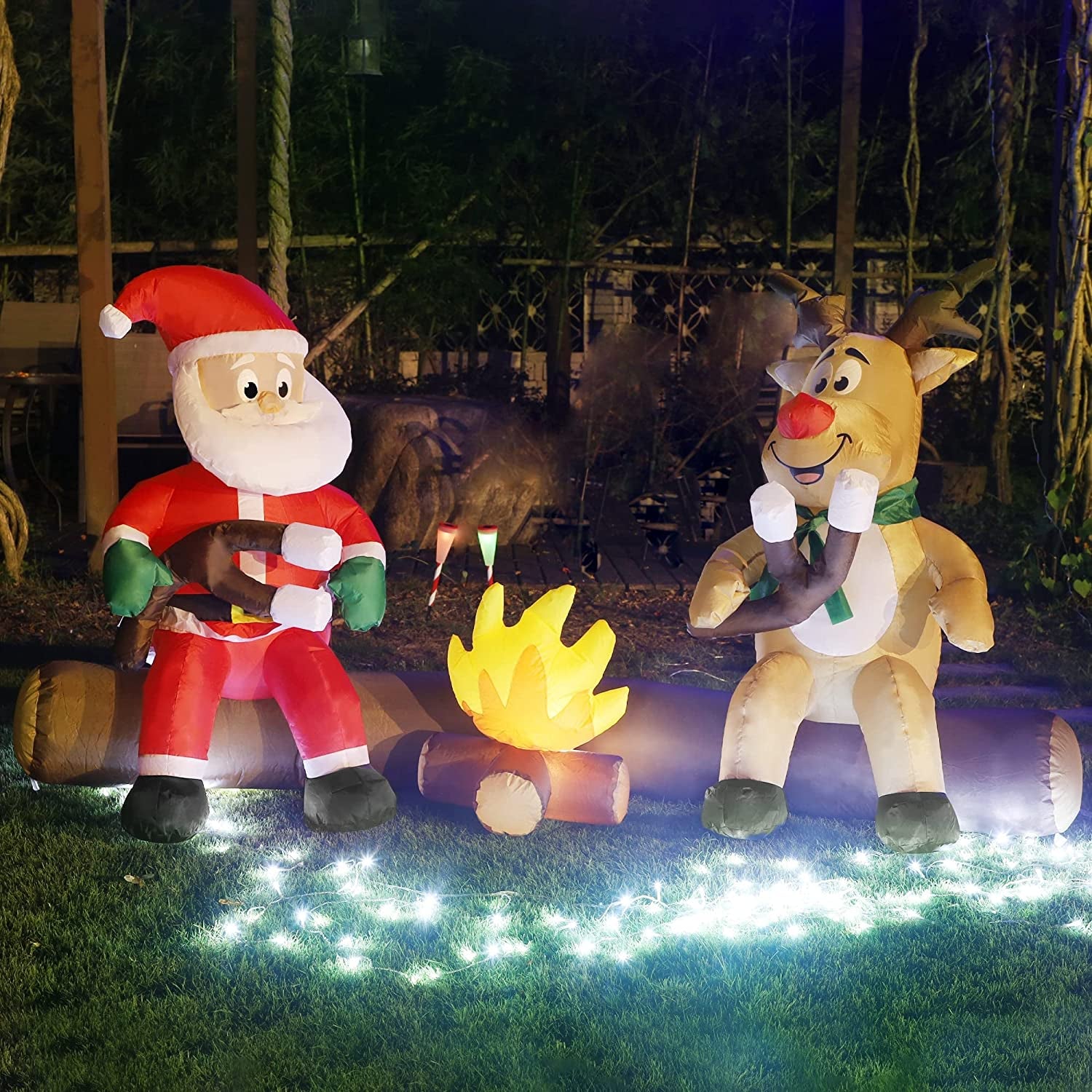 Christmas Inflatable Decorations, Light up Xmas Blowups for Winter Yard Lawn Garden Indoor Outdoor Decor (Santa and Reindeer Roasting Marshmallows over Campfire)