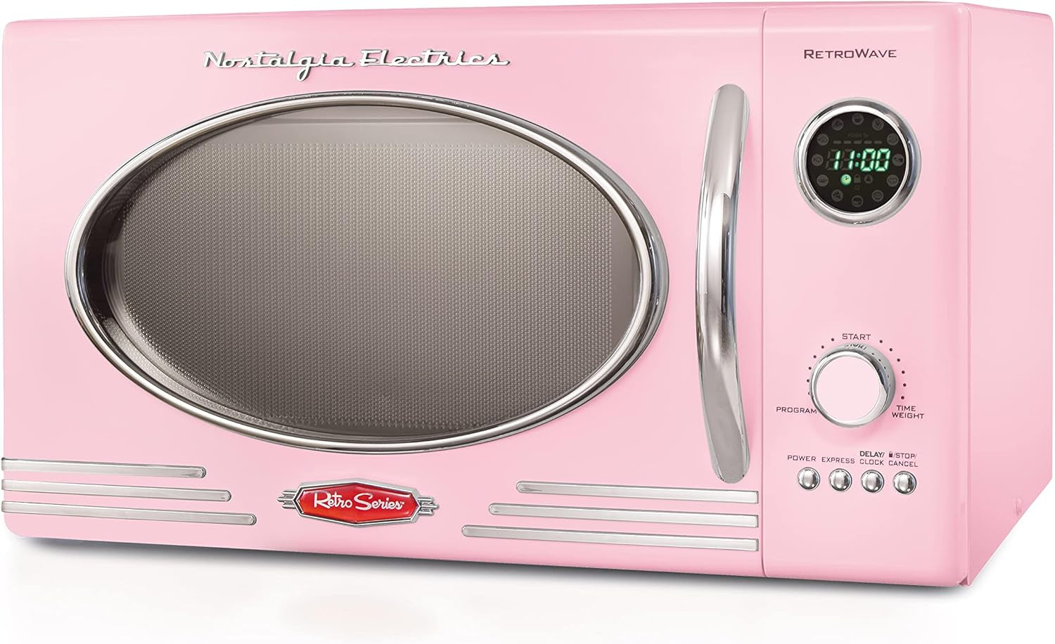 Retro Compact Countertop Microwave Oven - 0.7 Cu. Ft. - 700-Watts with LED Digital Display - Child Lock - Easy Clean Interior - Pink