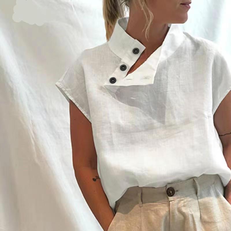 Stylish Blouses Summer Women Cotton Linen Short Sleeve Buttons Solid Shirts Casual Loose Tunic Top Light Thin Blusas