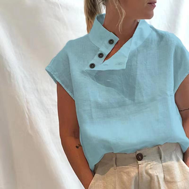 Stylish Blouses Summer Women Cotton Linen Short Sleeve Buttons Solid Shirts Casual Loose Tunic Top Light Thin Blusas