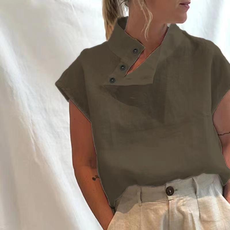 Stylish Blouses Summer Women Cotton Linen Short Sleeve Buttons Solid Shirts Casual Loose Tunic Top Light Thin Blusas