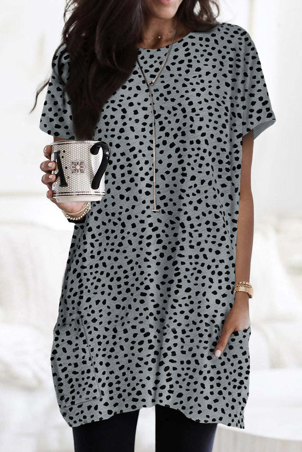 Black Leopard Print Side Pockets Tunic Top