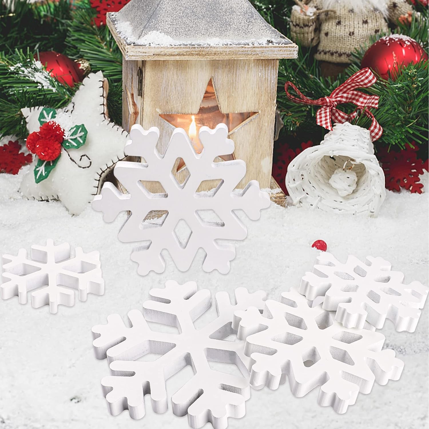 5 Pieces Christmas Wooden Snowflake Decor Winter Snowflake Wood Blocks White Snowflake Table Wood Signs Winter Tiered Tray Wooden Signs for Xmas Party Farmhouse Home Tabletop Shelves