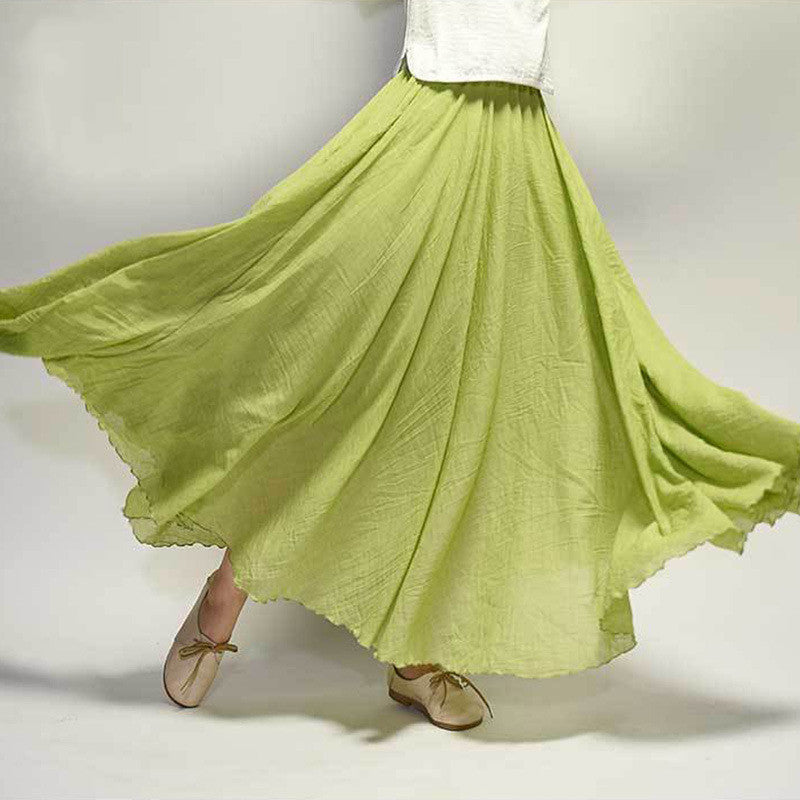 Solid Color Elastic Waist Linen Cotton Retro Ethnic Style Swing Skirt