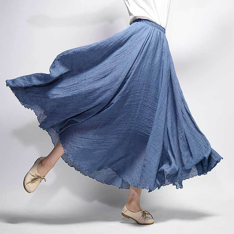 Solid Color Elastic Waist Linen Cotton Retro Ethnic Style Swing Skirt