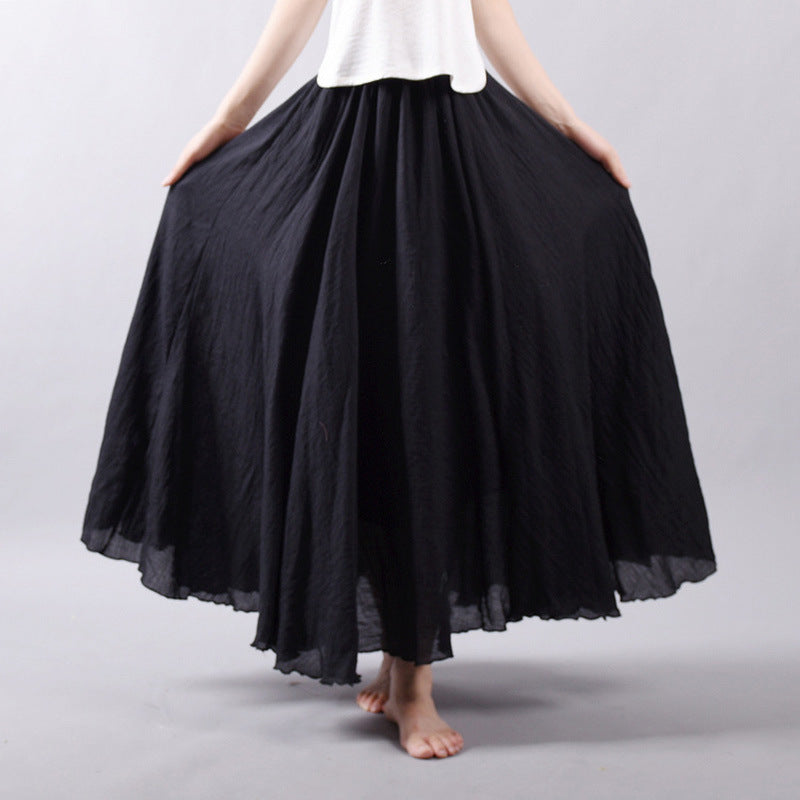 Solid Color Elastic Waist Linen Cotton Retro Ethnic Style Swing Skirt