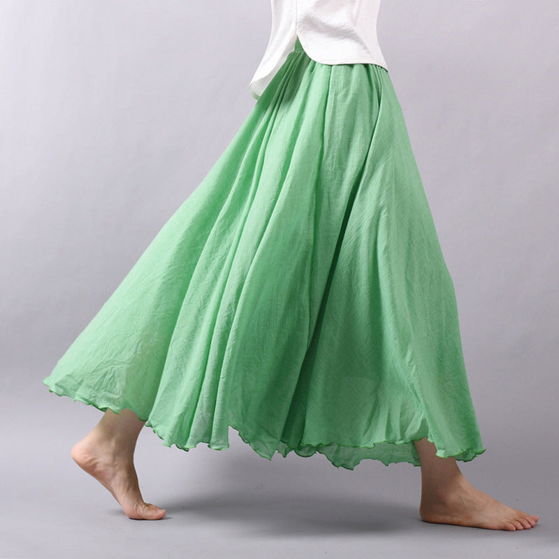 Solid Color Elastic Waist Linen Cotton Retro Ethnic Style Swing Skirt