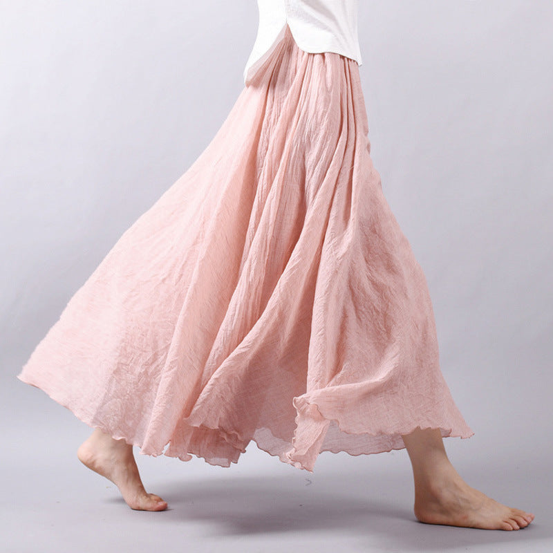 Solid Color Elastic Waist Linen Cotton Retro Ethnic Style Swing Skirt