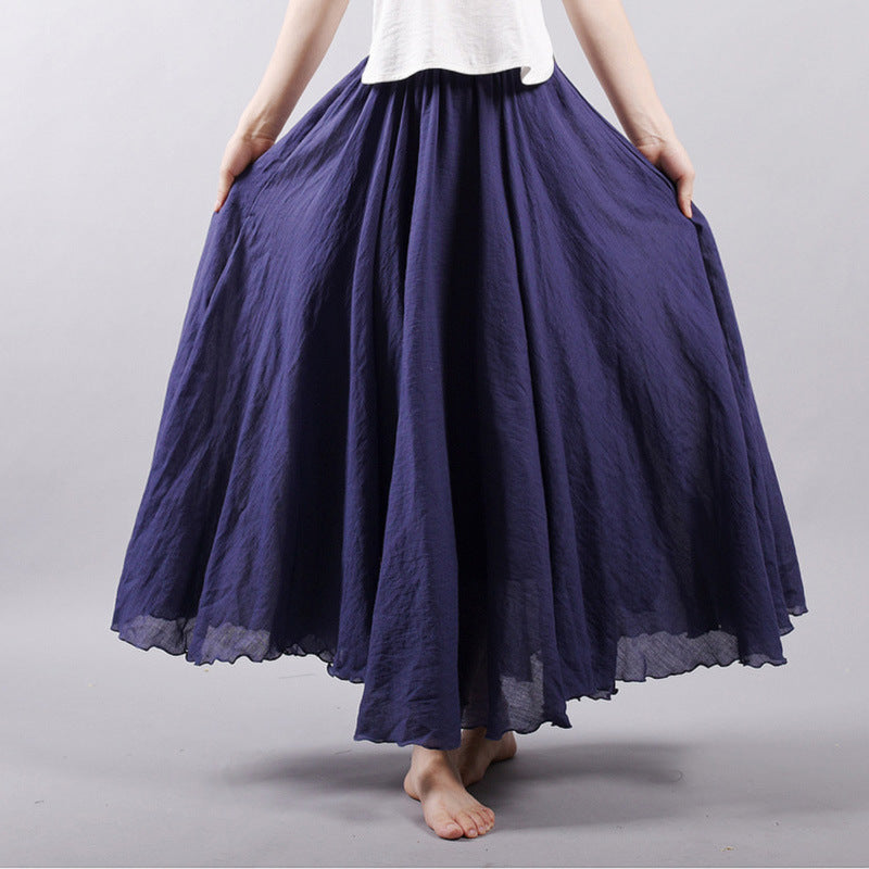 Solid Color Elastic Waist Linen Cotton Retro Ethnic Style Swing Skirt