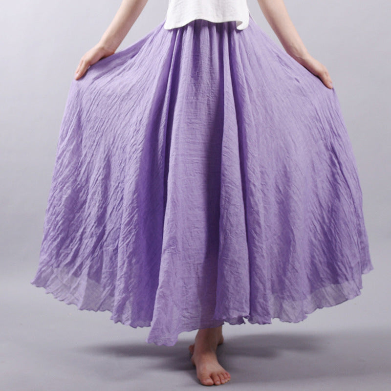 Solid Color Elastic Waist Linen Cotton Retro Ethnic Style Swing Skirt