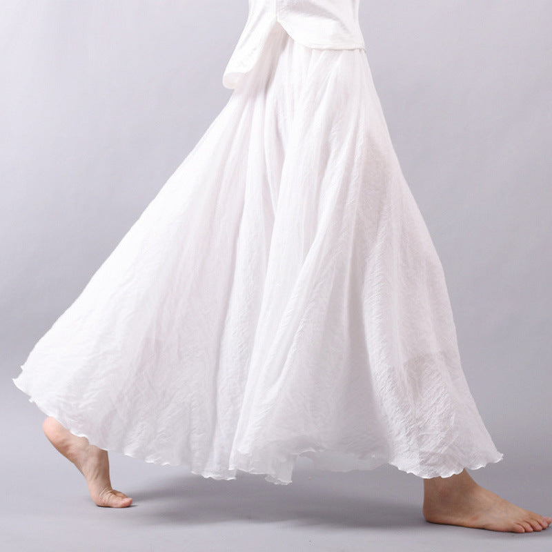 Solid Color Elastic Waist Linen Cotton Retro Ethnic Style Swing Skirt