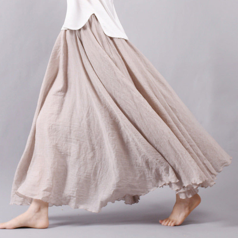 Solid Color Elastic Waist Linen Cotton Retro Ethnic Style Swing Skirt