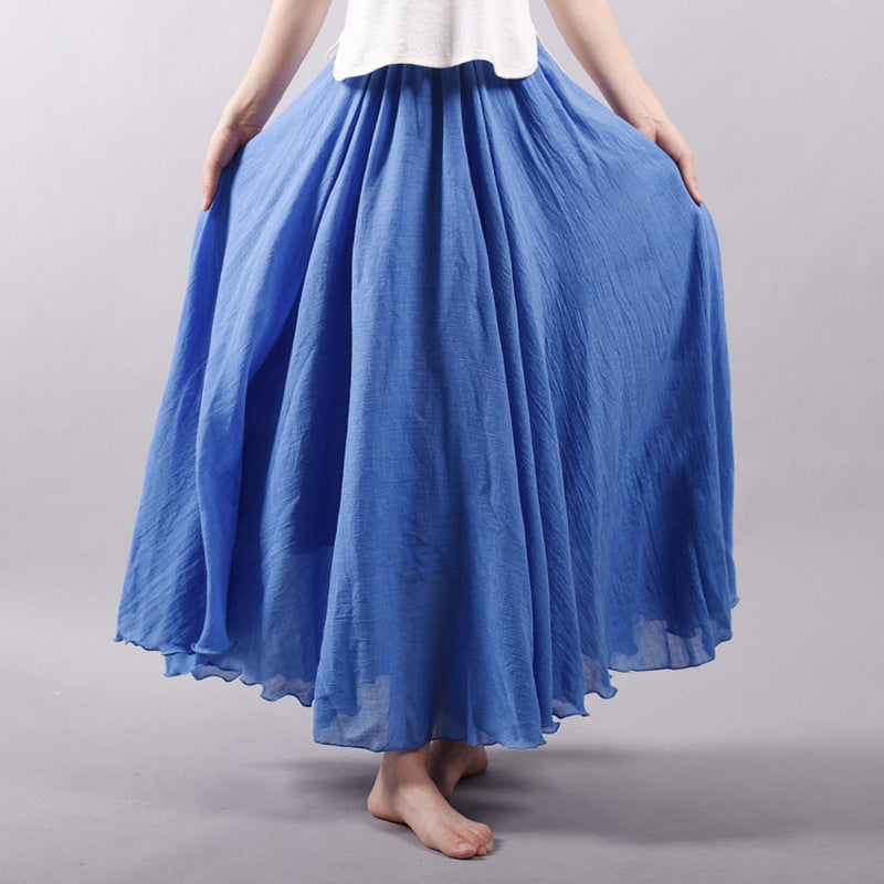 Solid Color Elastic Waist Linen Cotton Retro Ethnic Style Swing Skirt