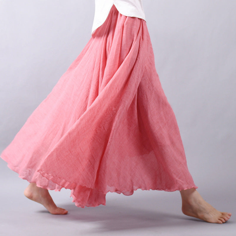 Solid Color Elastic Waist Linen Cotton Retro Ethnic Style Swing Skirt