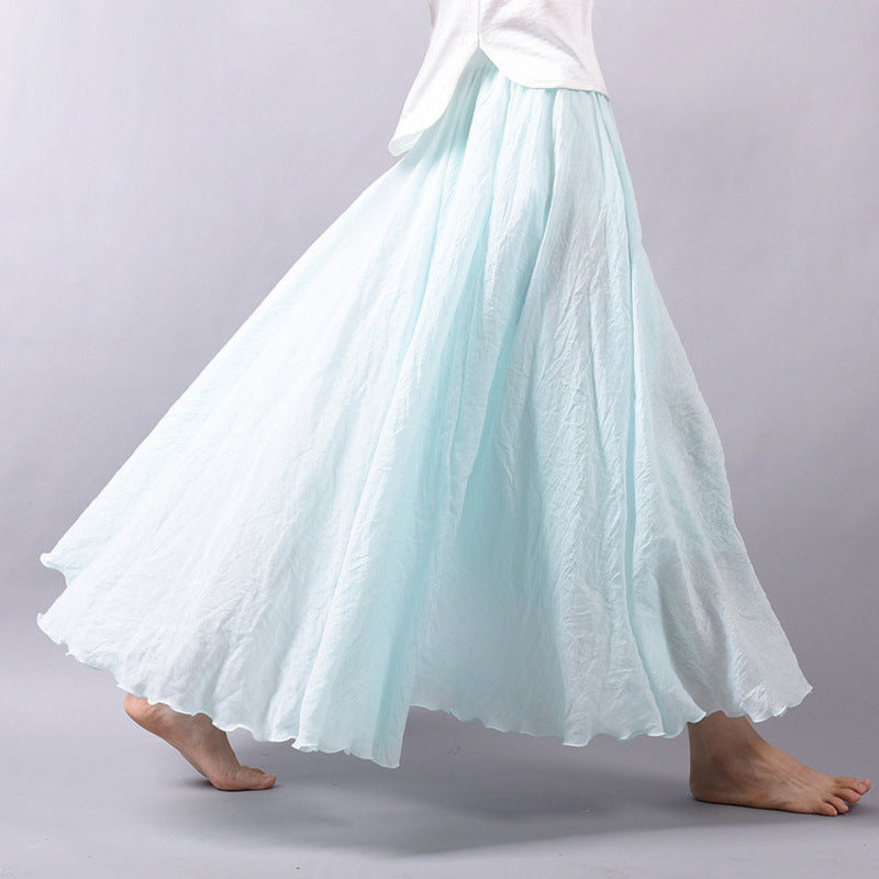 Solid Color Elastic Waist Linen Cotton Retro Ethnic Style Swing Skirt