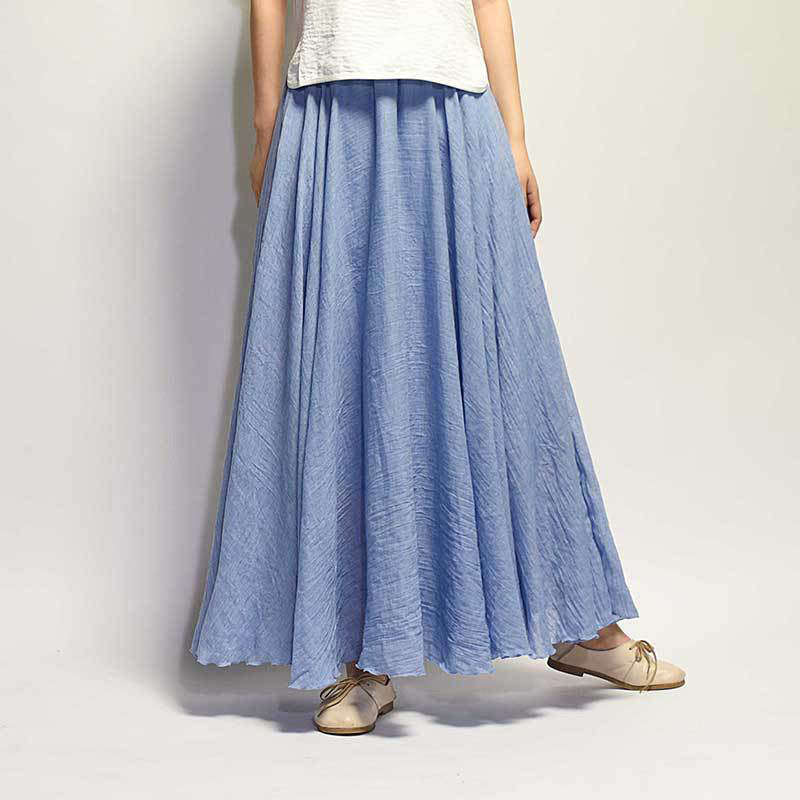 Solid Color Elastic Waist Linen Cotton Retro Ethnic Style Swing Skirt