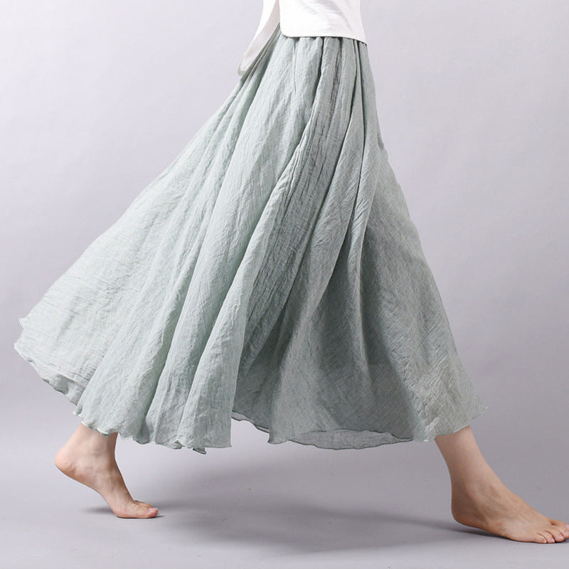 Solid Color Elastic Waist Linen Cotton Retro Ethnic Style Swing Skirt