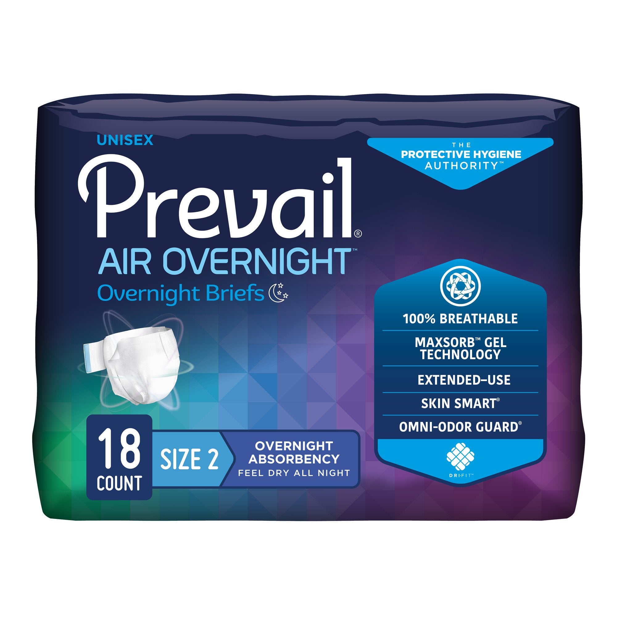Prevail AIR Overnight Briefs, Heavy Absorbency, Unisex Adult, Disposable, Size 2, 45 to 62 Inch, Large, Orange, 18/Bag 4 Bags/Case -- QTY: CS/72