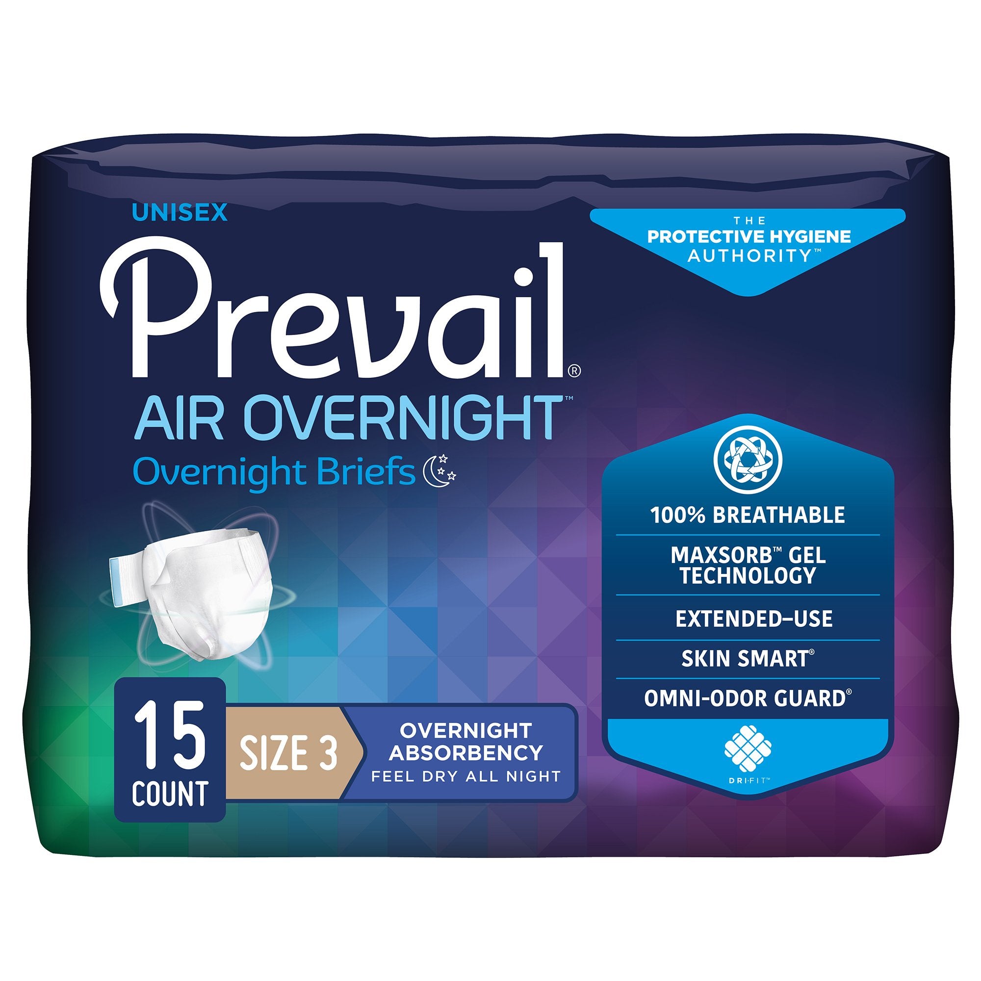 Prevail AIR Overnight Briefs, Heavy Absorbency, Unisex Adult, Disposable, Size 3, 58 to 70 Inch, Grey, 15/Bag, 4 Bags/Case -- QTY: CS/60