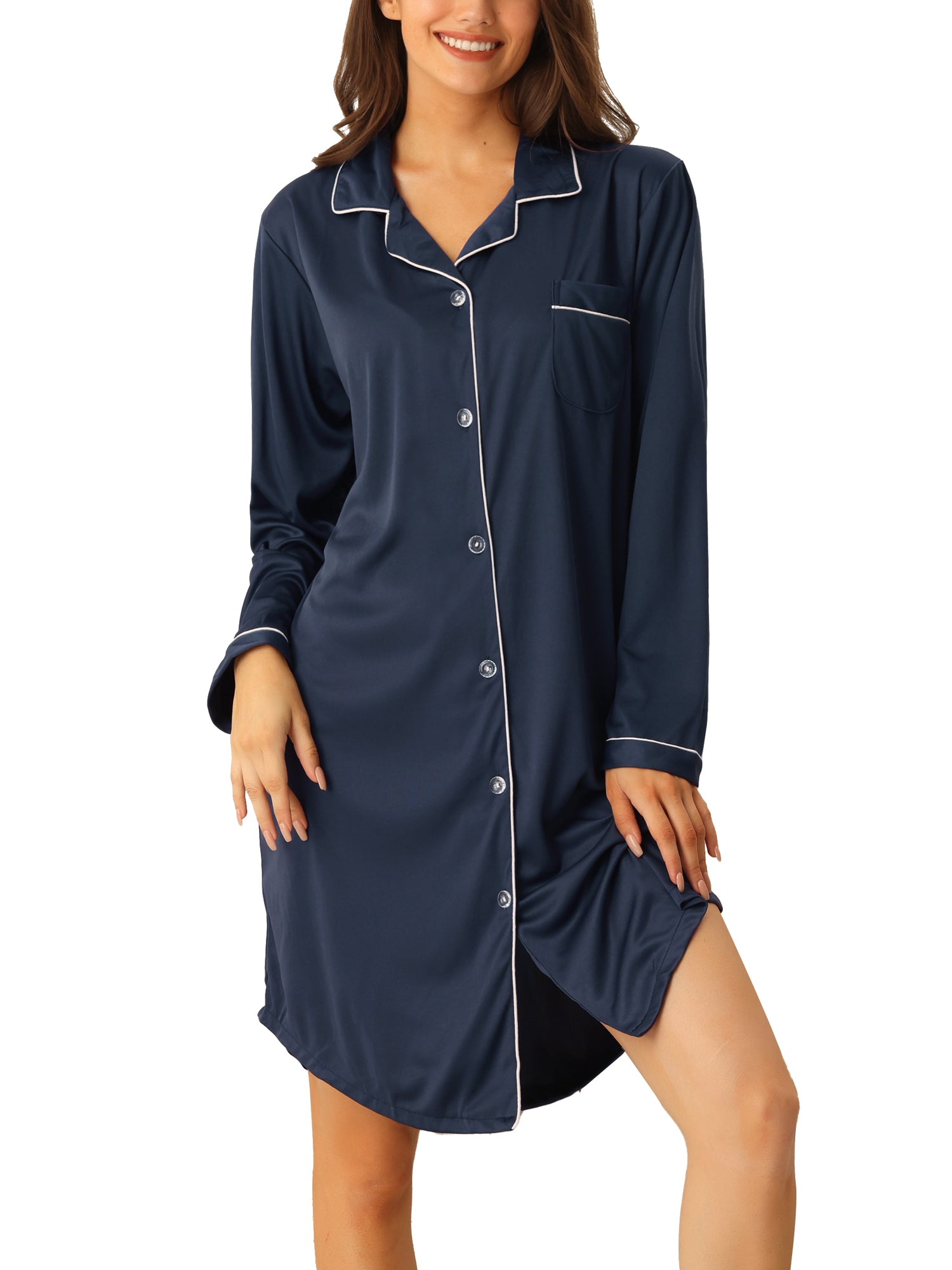 Womens Satin Button Down Nightgown Long Sleeve Silky Boyfriend Nightshirt