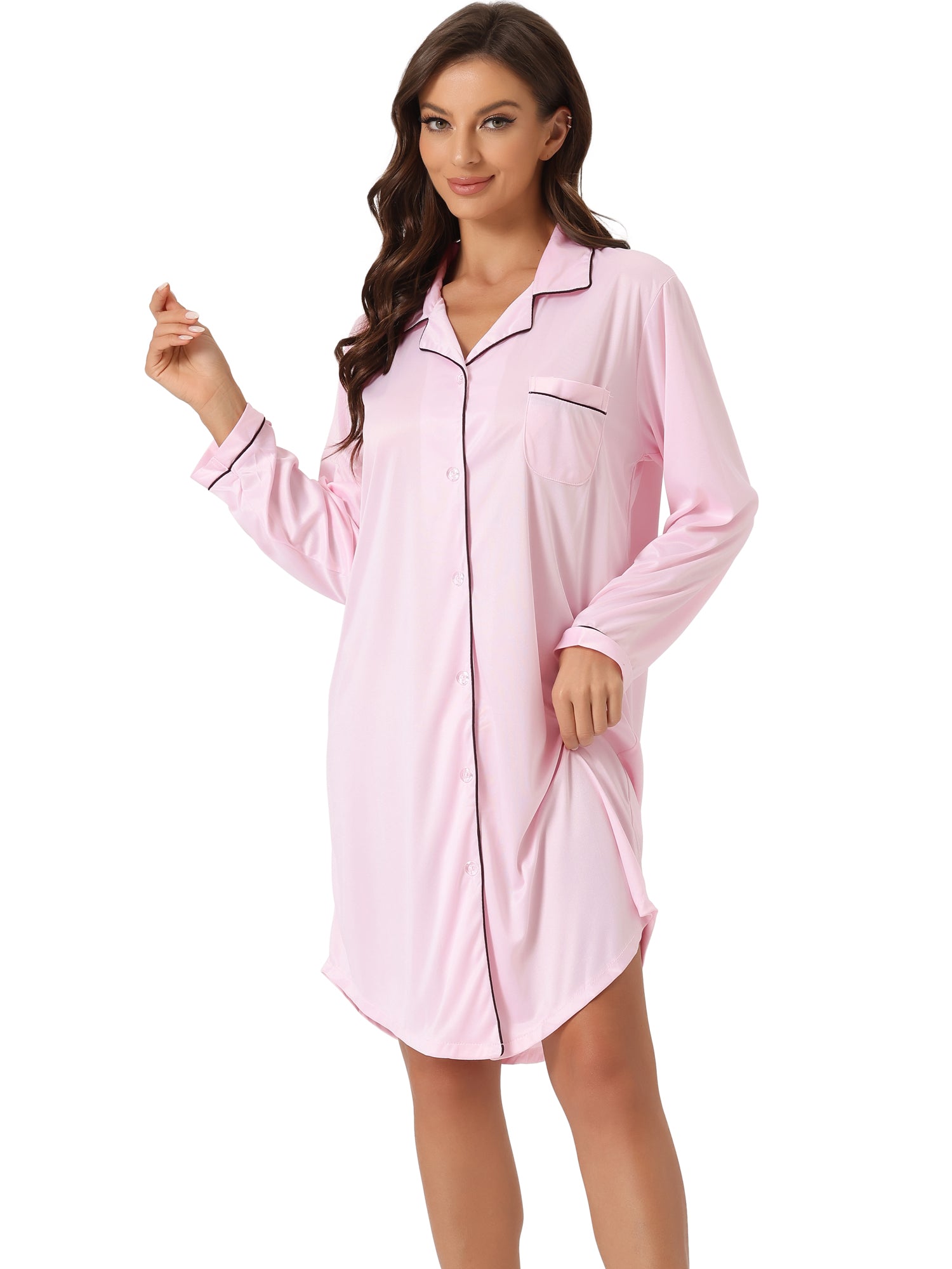 Womens Satin Button Down Nightgown Long Sleeve Silky Boyfriend Nightshirt