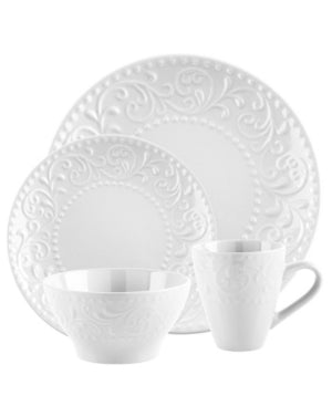 Home Essentials & Beyond White Scroll Embossed 16-Piece Ceramic Dinnerware Set
