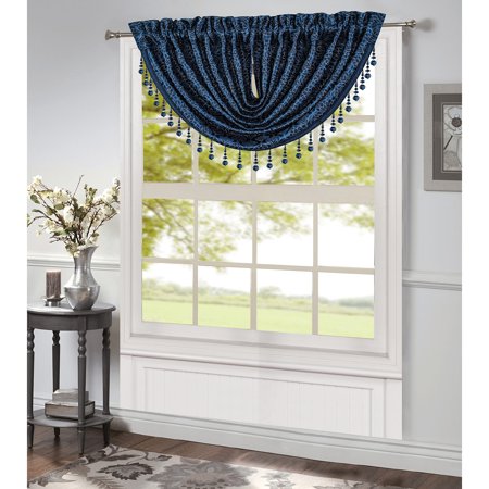 Robin Jacquard Rod Pocket Waterfall Window Valance with Beads, Navy, 48x37 Inches