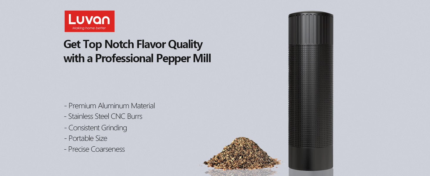 Professional Pepper Grinder Mill - High Output Aluminum With Adjustable Coarseness & Top Button Lock