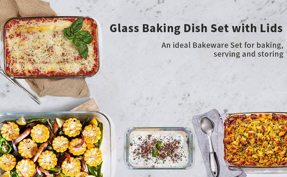 Glass Baking Dish Set with Lids,Rectangular Glass Baking Pans,Stackabl