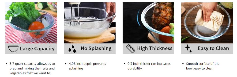 Luvan Glass Mixing Bowl with Airtight Lids, (1QT, 1.5QT, 2.5QT, 3.7QT),  8-piece Kitchen Salad Bowls Clear Nesting Big Cooking Bowl, Microwave Oven
