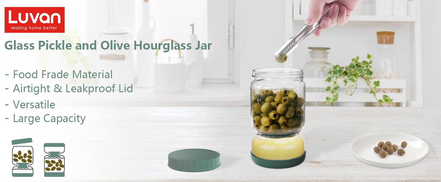 fruui Glass Pickle Jar with Strainer Flip and Stainless Steel Fork, 36oz  Leakproof Airtight Pickle Container with Strainer, Hourglass Pickle Juice