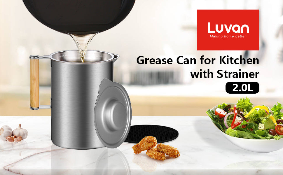  Luvan 8Cup/2L/68oz Bacon Grease Container with Strainer,  Cooking Oil Container, Stainless Steel Oil Filter Pot with Strainer,  Dustproof Lid and Coaster Tray, Ideal for Storing Hot Frying Oil,Fat ect:  Home 