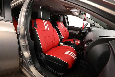 Fiat Viaggio custom seat cover: AD-3 Design black red with white piping and stripes 1