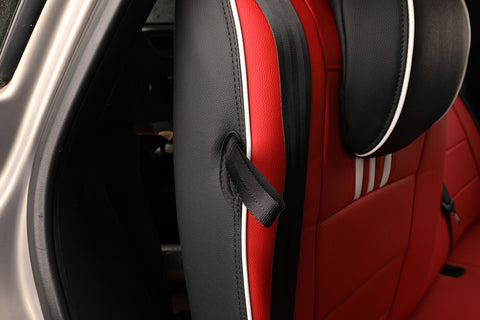 Fiat Viaggio custom seat cover: AD-3 Design black red with white piping and stripes 4