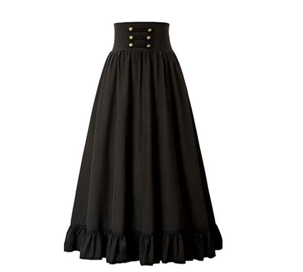 Women Victorian Skirt Steampunk Gothic Maxi Skirt High Waist Ruffled Hem A-Line Corset Vintage Pleated Casual Party Skirts Lady