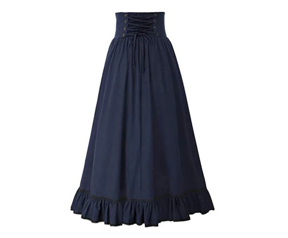 Women Victorian Skirt Steampunk Gothic Maxi Skirt High Waist Ruffled Hem A-Line Corset Vintage Pleated Casual Party Skirts Lady