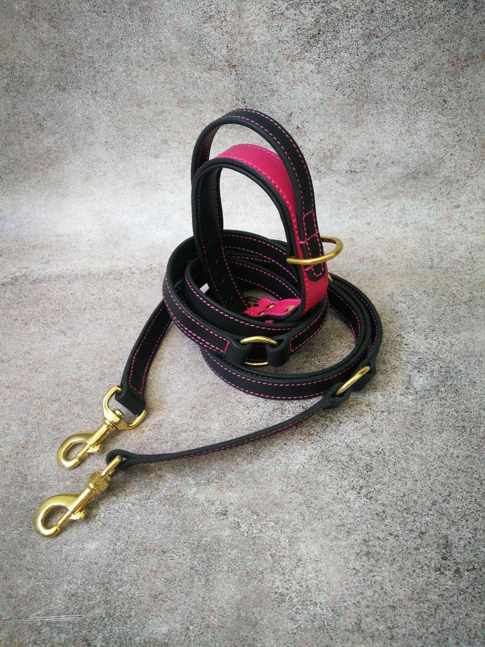 Pink and Black Leather Dog Matching Collar and Leash Set with Solid Brass Hardware, Strong Leather Brass Dog Collar stitched with pink