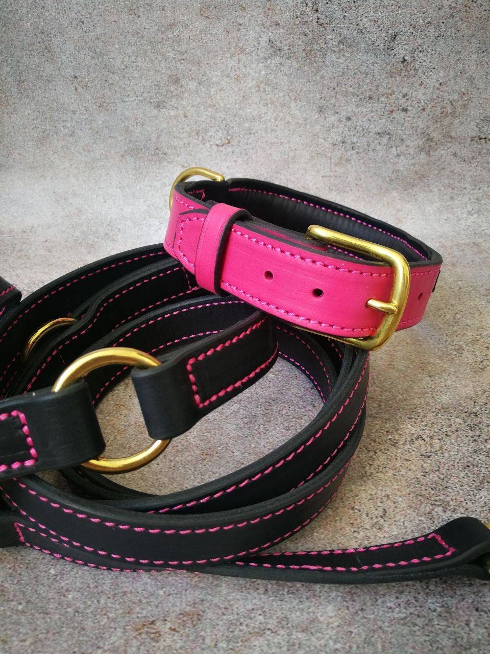 Pink and Black Leather Dog Matching Collar and Leash Set with Solid Brass Hardware, Strong Leather Brass Dog Collar stitched with pink