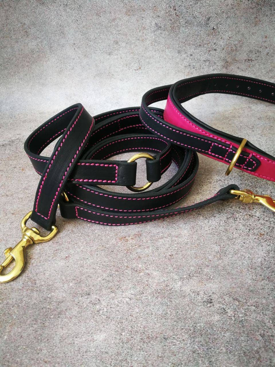 Pink and Black Leather Dog Matching Collar and Leash Set with Solid Brass Hardware, Strong Leather Brass Dog Collar stitched with pink