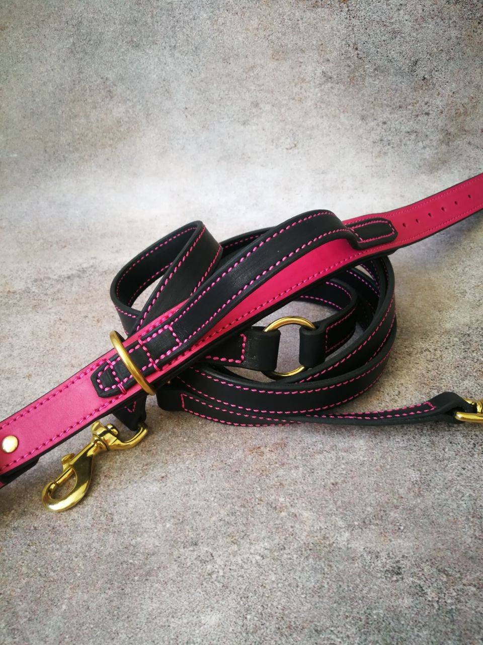 Pink and Black Leather Dog Matching Collar and Leash Set with Solid Brass Hardware, Strong Leather Brass Dog Collar stitched with pink